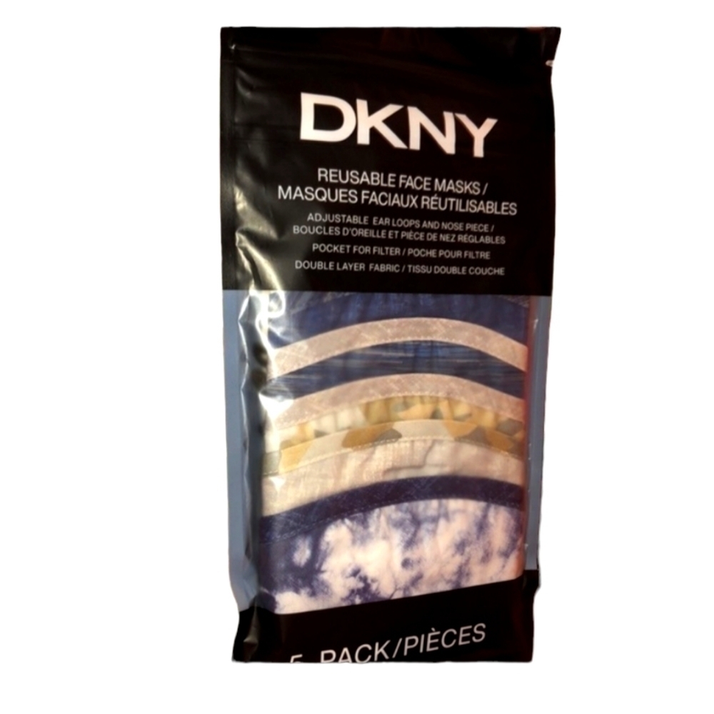 DKNY 5 pack face masks multi designs. Adjustable ear loops/nose piece NWT